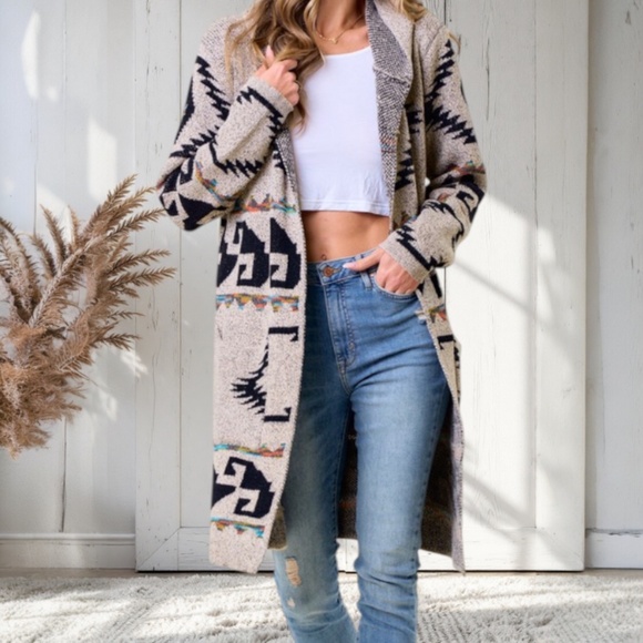 Aztec Tribal Asymmetrical Colorful Western Boho Bohemian Hooded Knit Cardigan - Picture 2 of 4